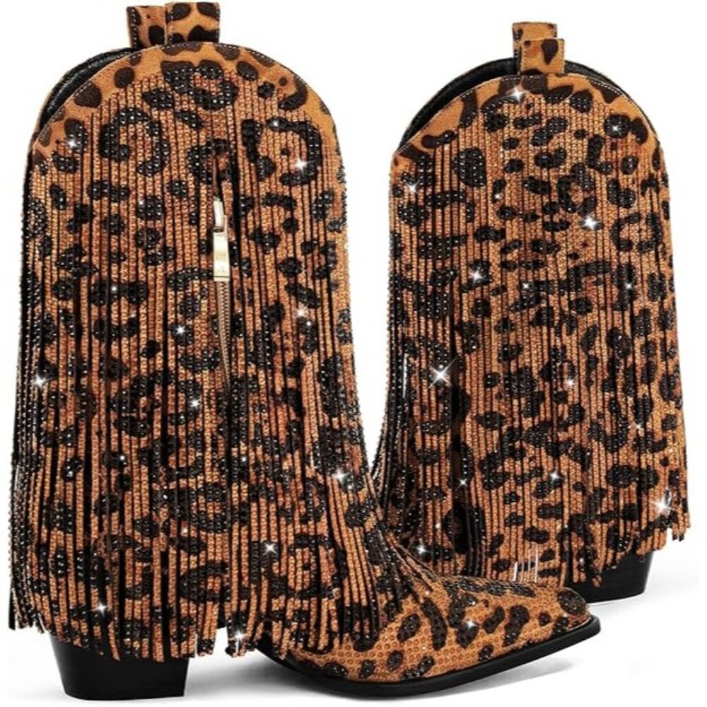 Ouepiano Womens Cowboy Boots Size 8.5 Leopard  Rhinestone Fringe Coachella New